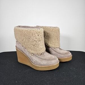 UGG Coldin Genuine Sheepskin Fur Suede Wedge Bootie Size 7 Gray S/N 1018648